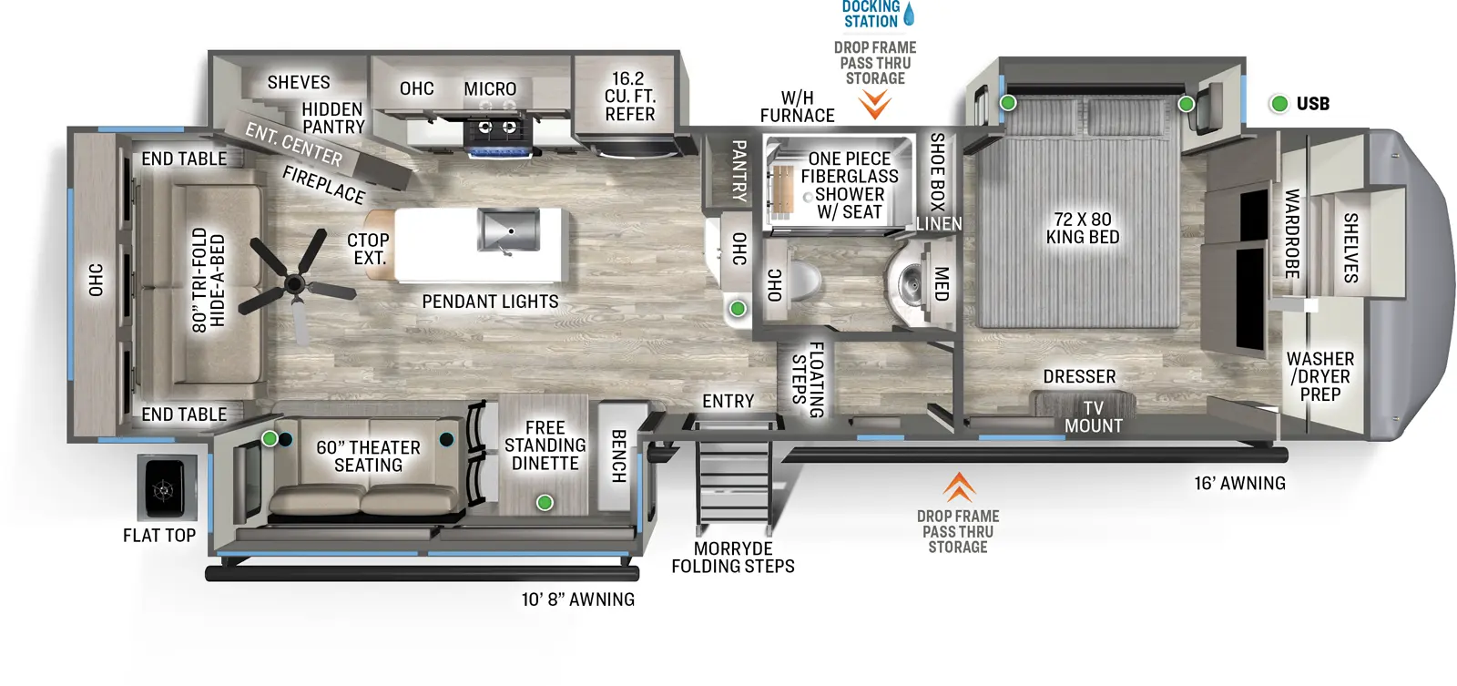 The Sandpiper Fifth Wheels 3370RLS floorplan has one entry and three slide outs. Exterior features include: fiberglass exterior and 10'8" & 16' awning. Interiors features include: kitchen island, free-standing dinette option, front bedroom and rear living.